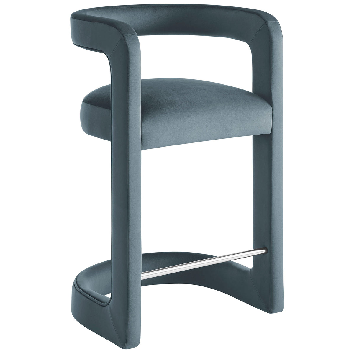Sleek curved counter stool in performance velvet with open back and arching metal footrest || EEI-7107-CAB || front_angle_studio