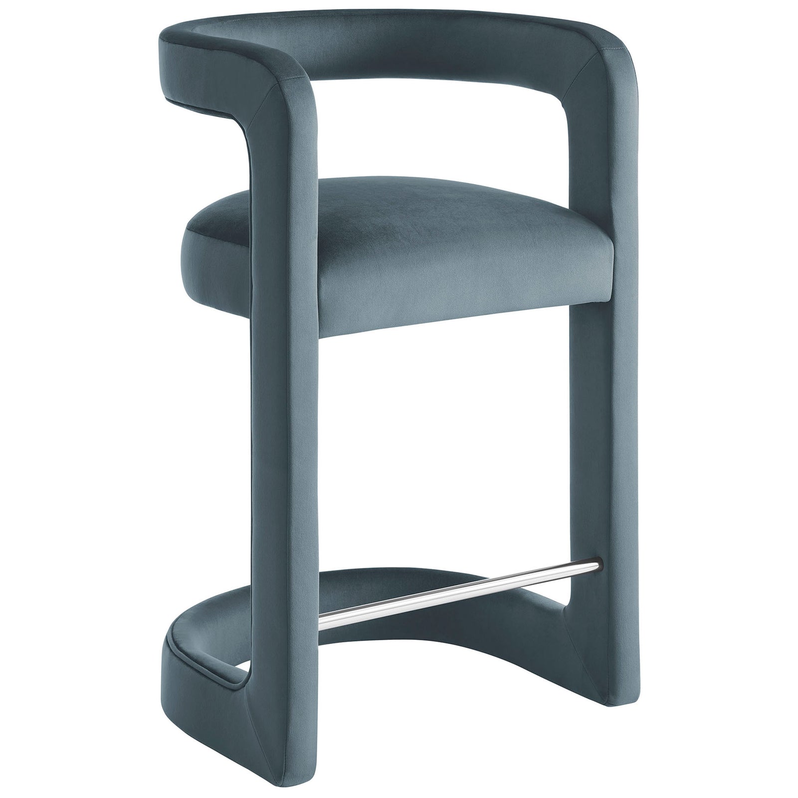 Sleek curved counter stool in performance velvet with open back and arching metal footrest || EEI-7107-CAB || front_angle_studio