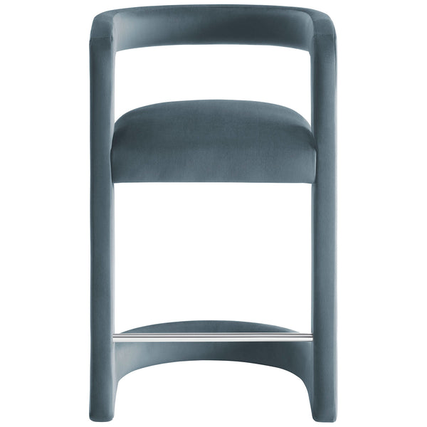 Cadet blue velvet counter stool with barrel back and curved base, finished with a stainless footrest || EEI-7107-CAB || front_studio