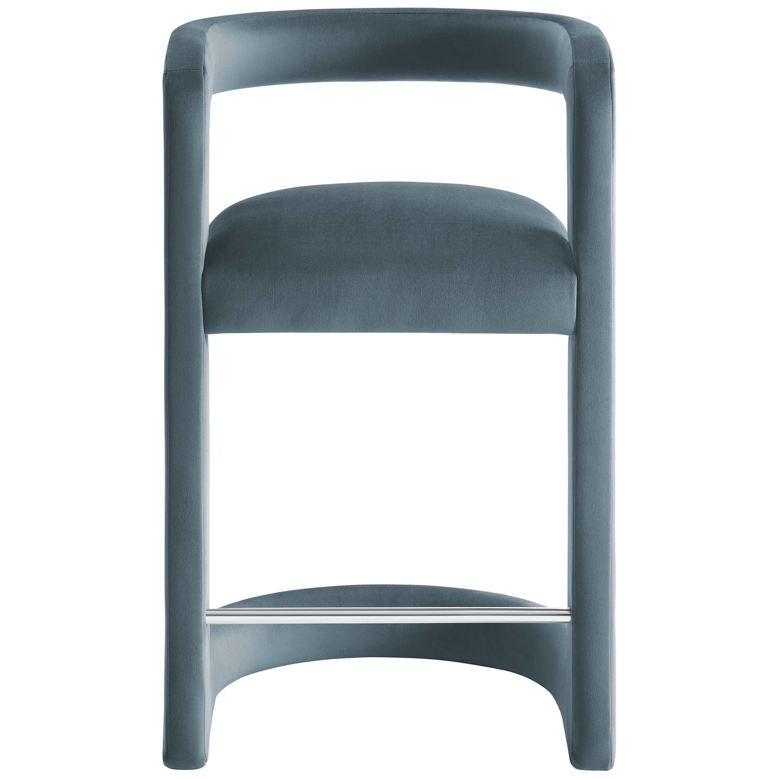 Cadet blue velvet counter stool with barrel back and curved base, finished with a stainless footrest || EEI-7107-CAB || front_studio