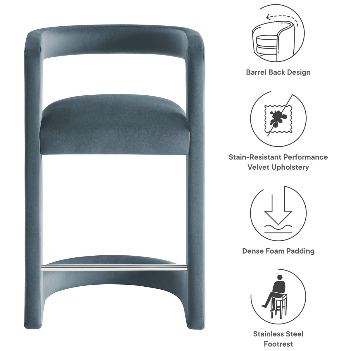 Key features: barrel-back design, stain-resistant velvet, dense foam, stainless steel footrest || EEI-7107-CAB || callout_studio