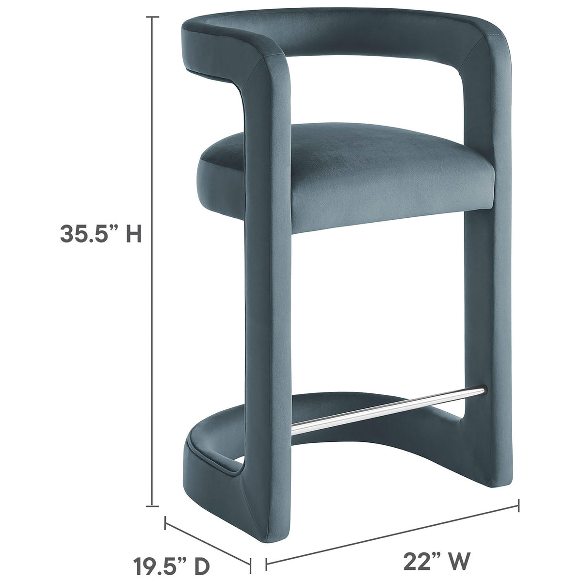 Dimensions for the Winslow counter stool: 35.5 in H x 22 in W x 19.5 in D || EEI-7107-CAB || dimension_studio
