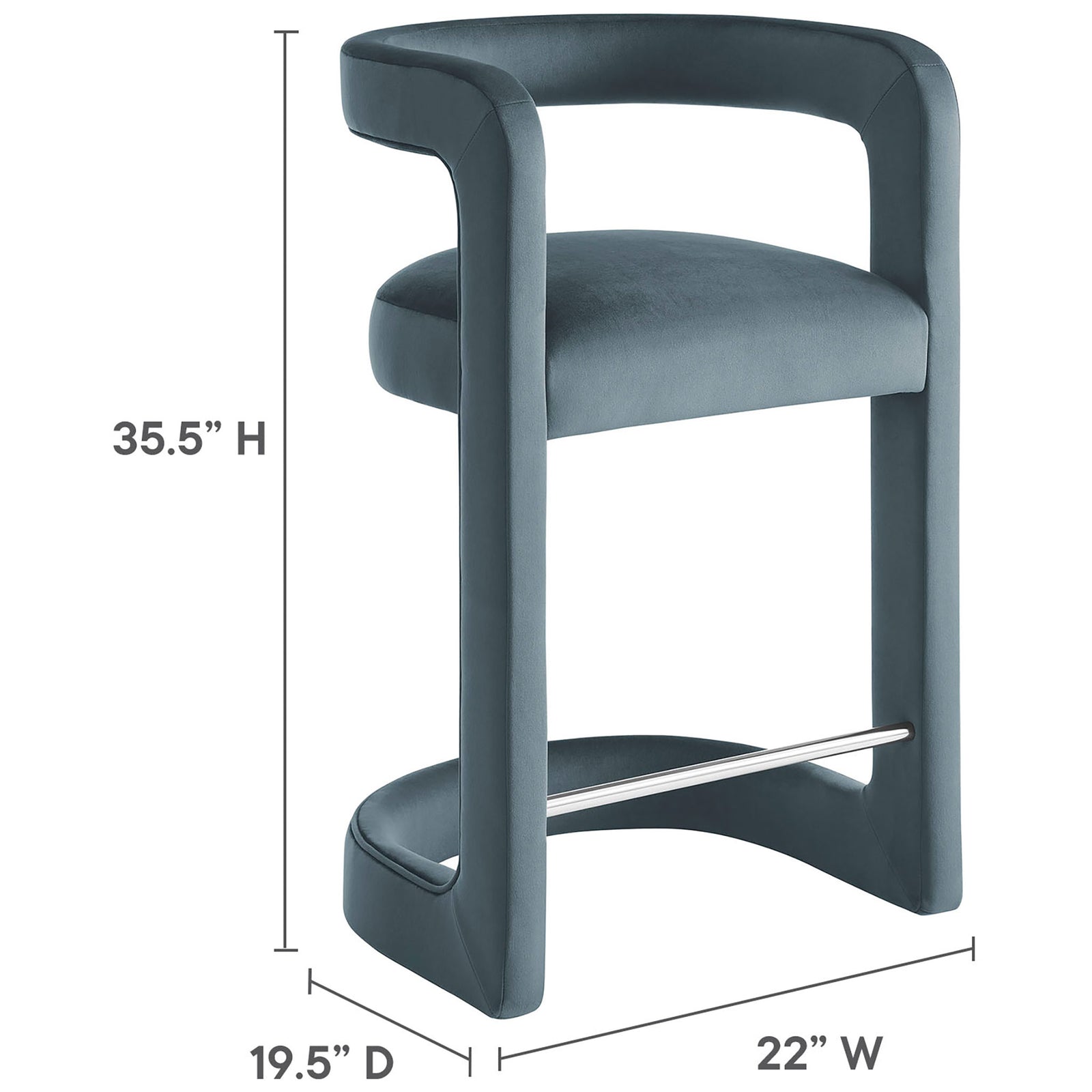 Dimensions for the Winslow counter stool: 35.5 in H x 22 in W x 19.5 in D || EEI-7107-CAB || dimension_studio