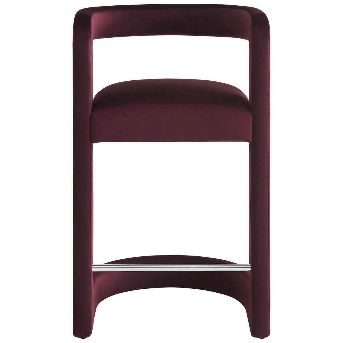 Mulberry velvet counter stool with open barrel back and stainless steel footrest for modern comfort. || EEI-7107-MUL || front_studio