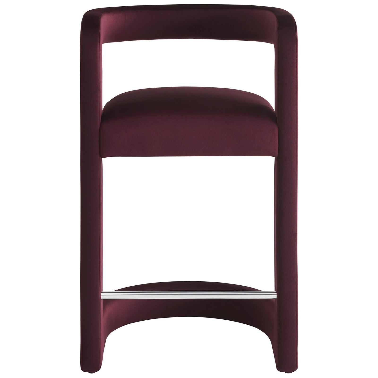 Mulberry velvet counter stool with open barrel back and stainless steel footrest for modern comfort. || EEI-7107-MUL || front_studio