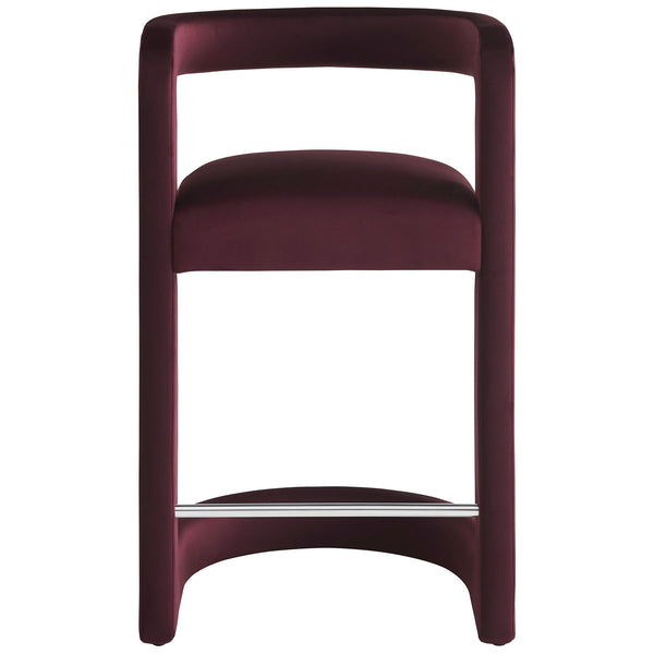Mulberry velvet counter stool with open barrel back and stainless steel footrest for modern comfort. || EEI-7107-MUL || front_studio