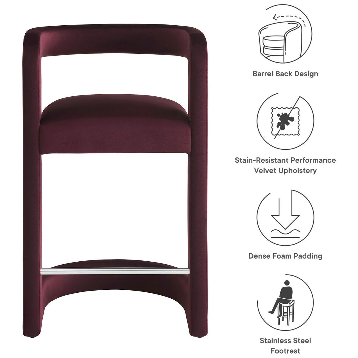 Barrel-back counter stool pairs dense foam cushioning with a sleek stainless steel footrest. || EEI-7107-MUL || callout_studio