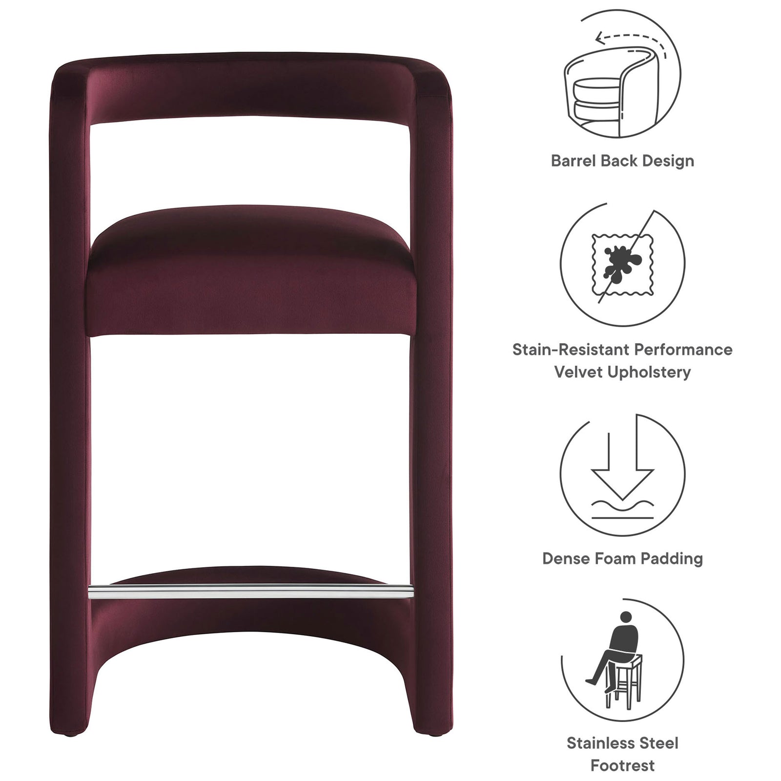 Barrel-back counter stool pairs dense foam cushioning with a sleek stainless steel footrest. || EEI-7107-MUL || callout_studio