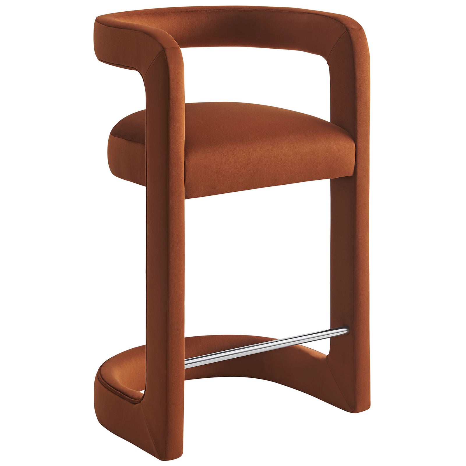 Curved armrests flow into a sculptural base on this rust performance velvet counter stool || EEI-7107-RUS || front_angle_studio