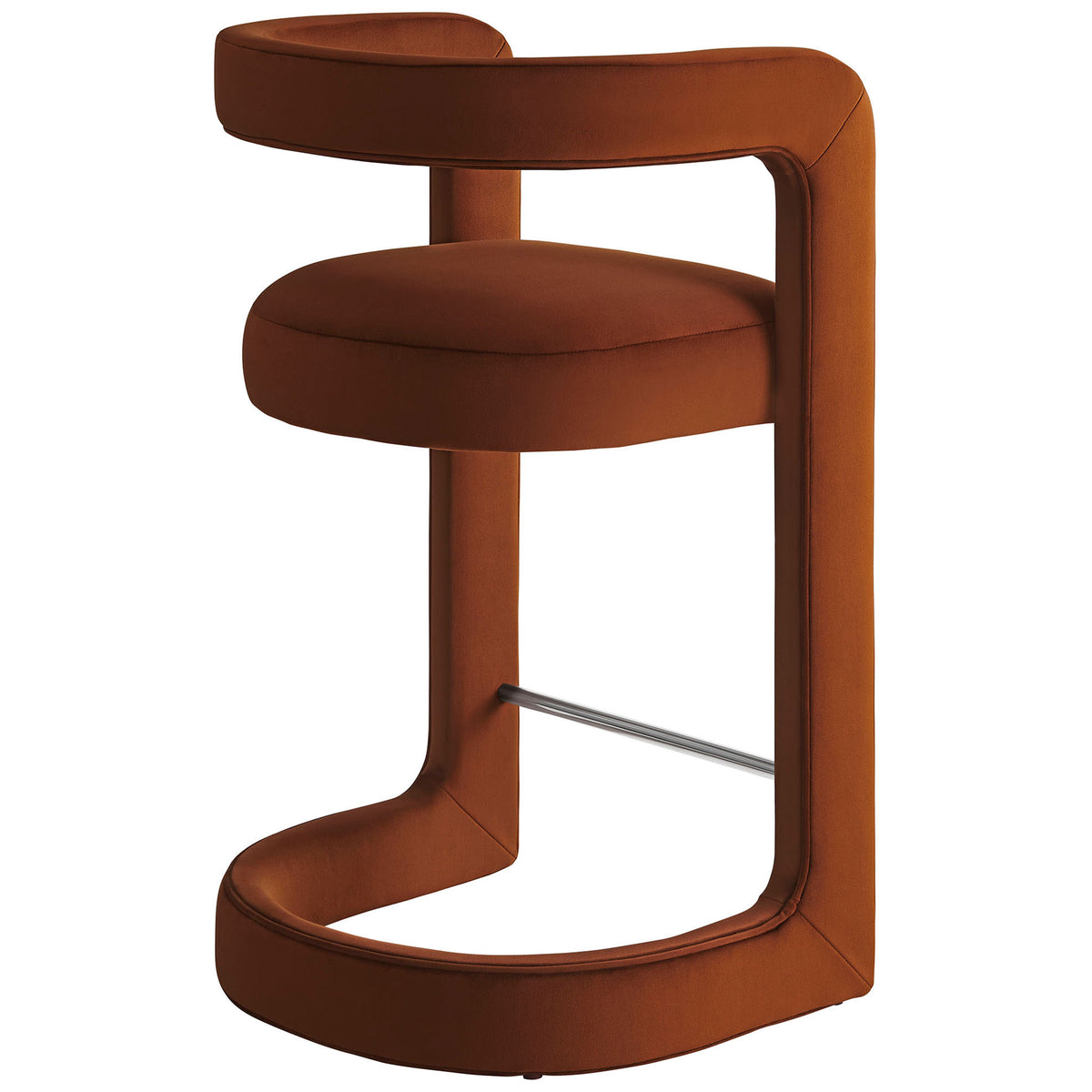 Open-back silhouette with smooth curves and rust velvet upholstery || EEI-7107-RUS || back_angle_studio