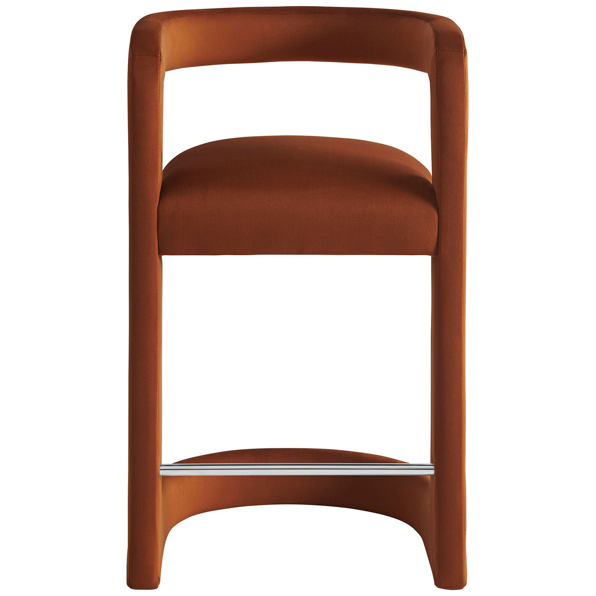 Rust velvet counter stool with open barrel back and stainless steel footrest || EEI-7107-RUS || front_studio