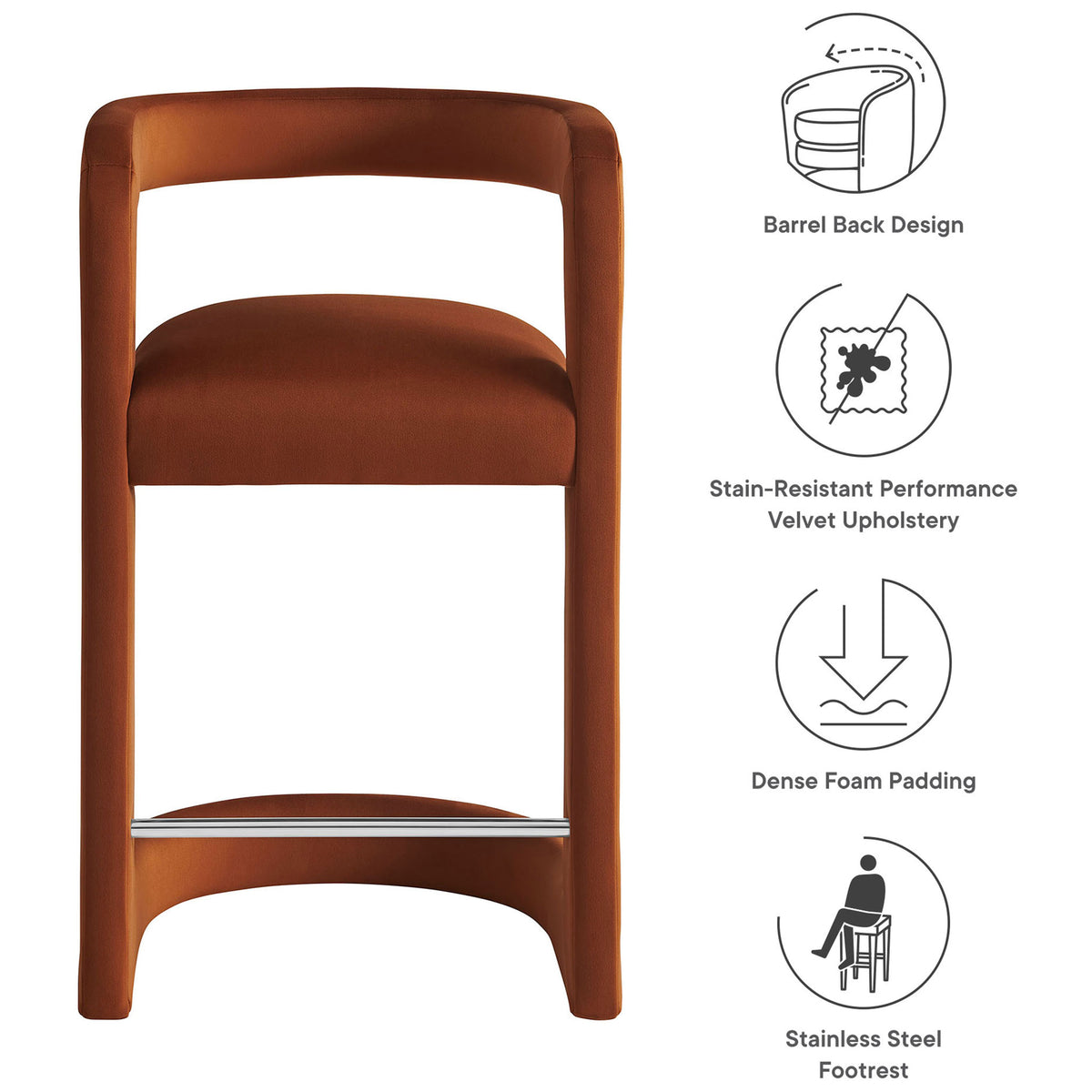 Durable performance velvet, dense foam, and stainless steel footrest for everyday style || EEI-7107-RUS || callout_studio