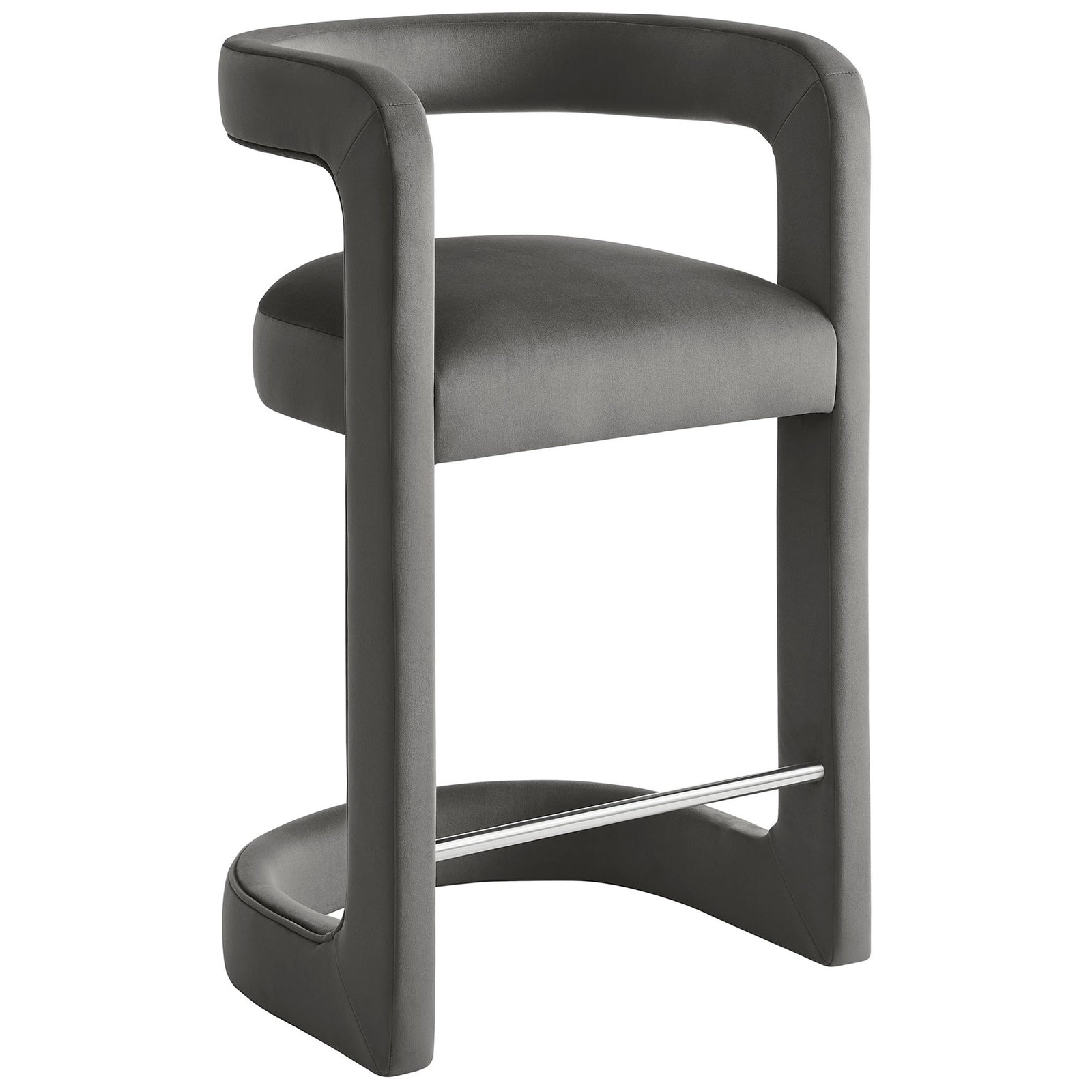 Curved armrests flow into a sculptural base on this plush storm gray velvet counter stool || EEI-7107-STG || front_angle_studio