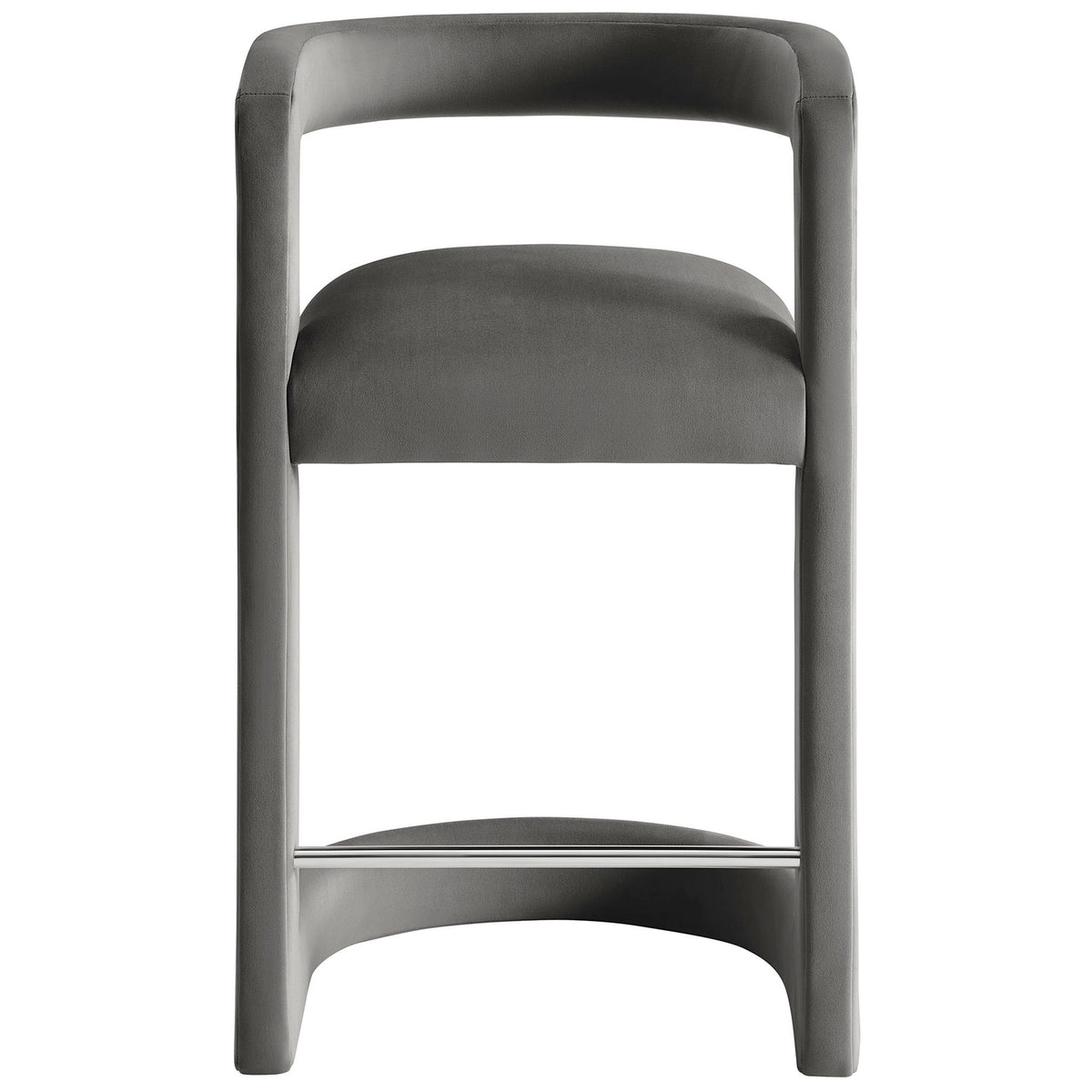Storm gray velvet counter stool with open barrel back and stainless steel footrest || EEI-7107-STG || front_studio