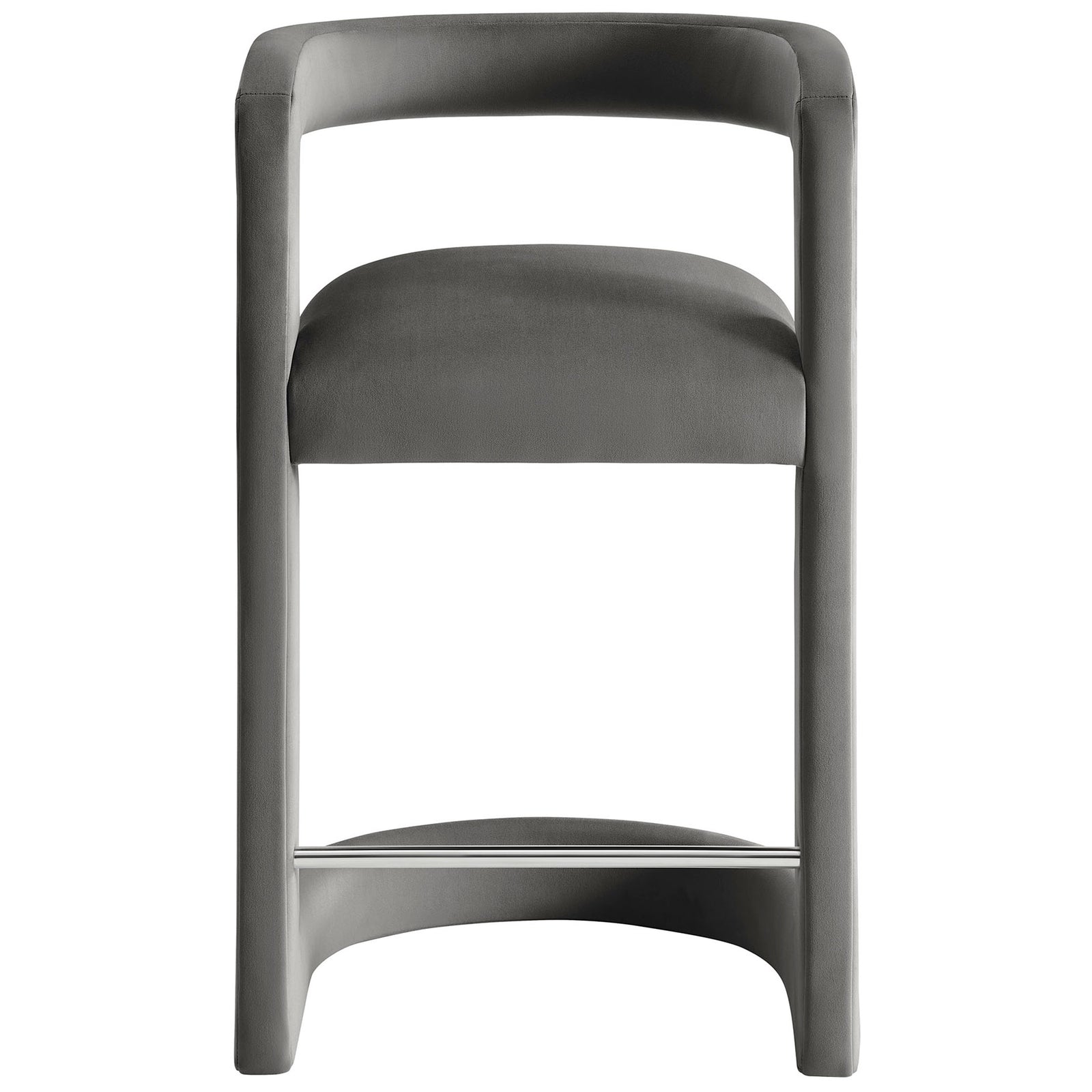 Storm gray velvet counter stool with open barrel back and stainless steel footrest || EEI-7107-STG || front_studio