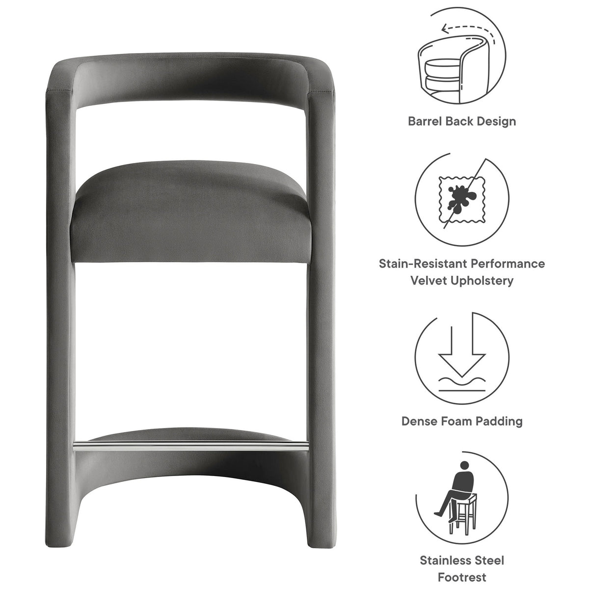 Key features include barrel back, stain-resistant velvet, dense foam, and stainless steel footrest || EEI-7107-STG || callout_studio