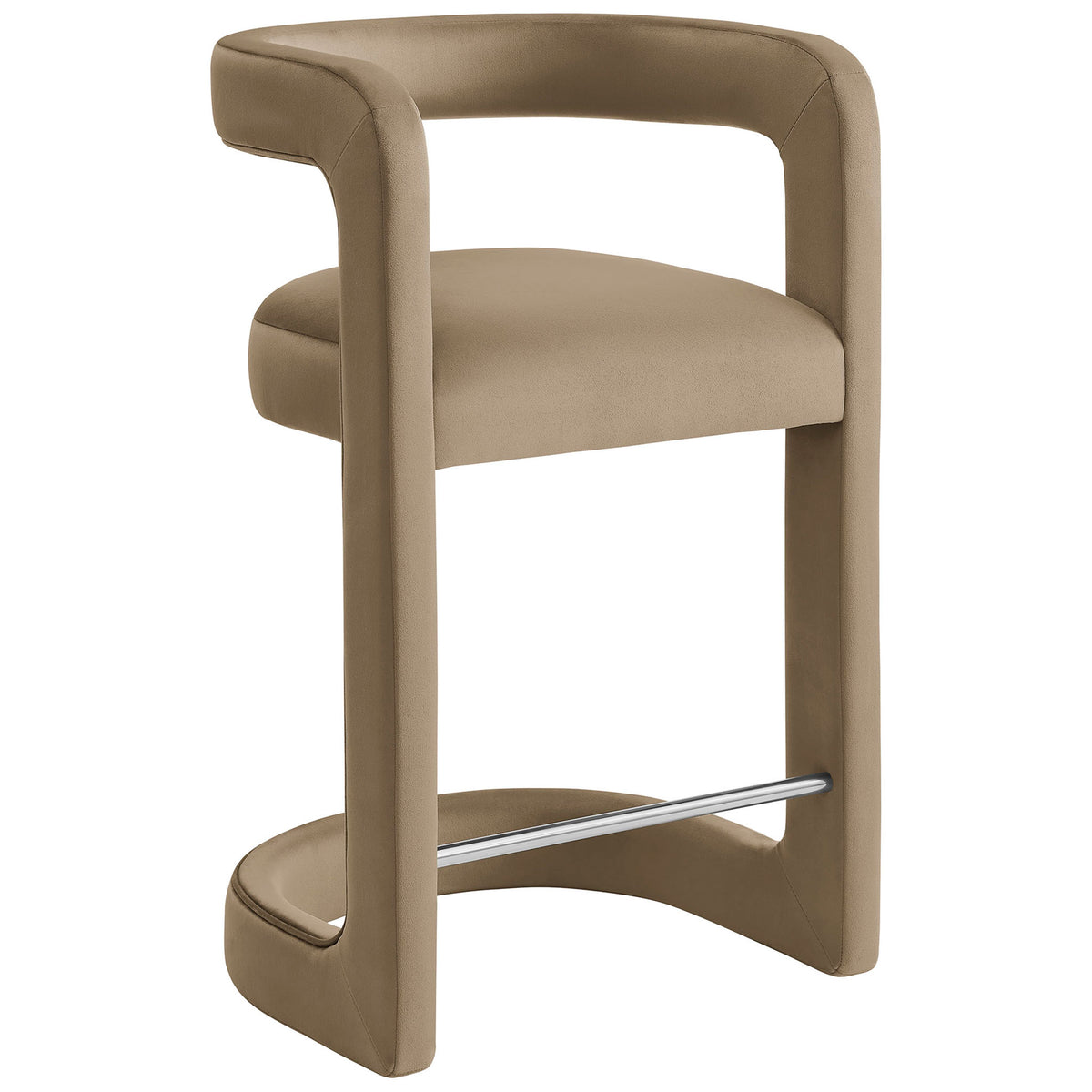 Curved counter-height stool in taupe velvet with sculpted arms and sleek metal footrest || EEI-7107-TAU || front_angle_studio