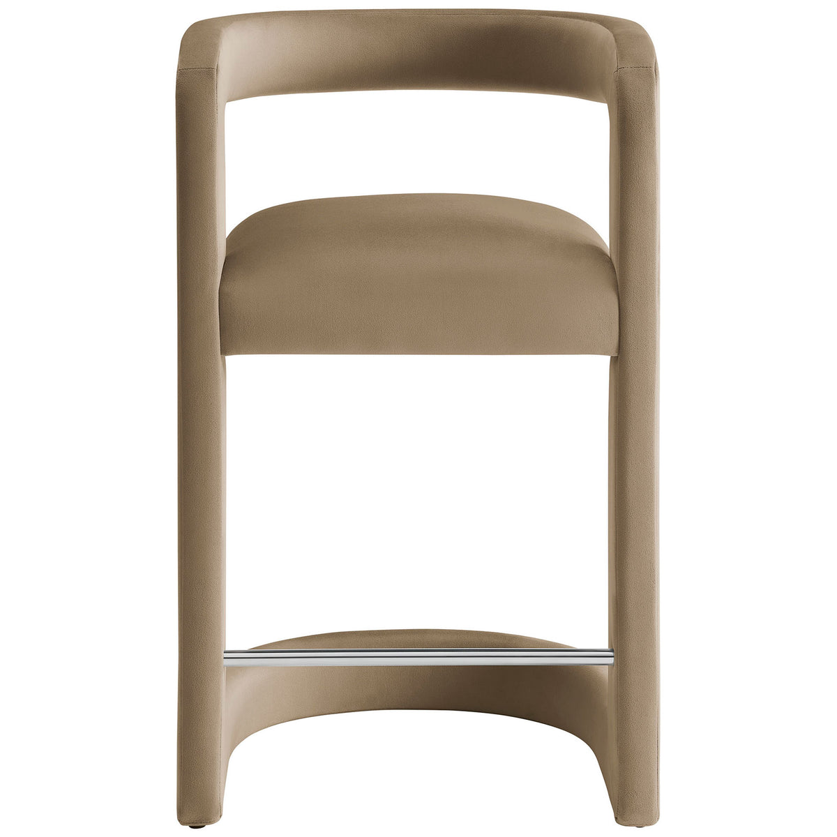 Taupe performance velvet counter stool with open barrel back and stainless steel footrest || EEI-7107-TAU || front_studio