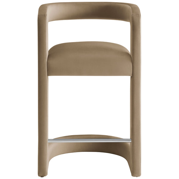 Taupe performance velvet counter stool with open barrel back and stainless steel footrest || EEI-7107-TAU || front_studio