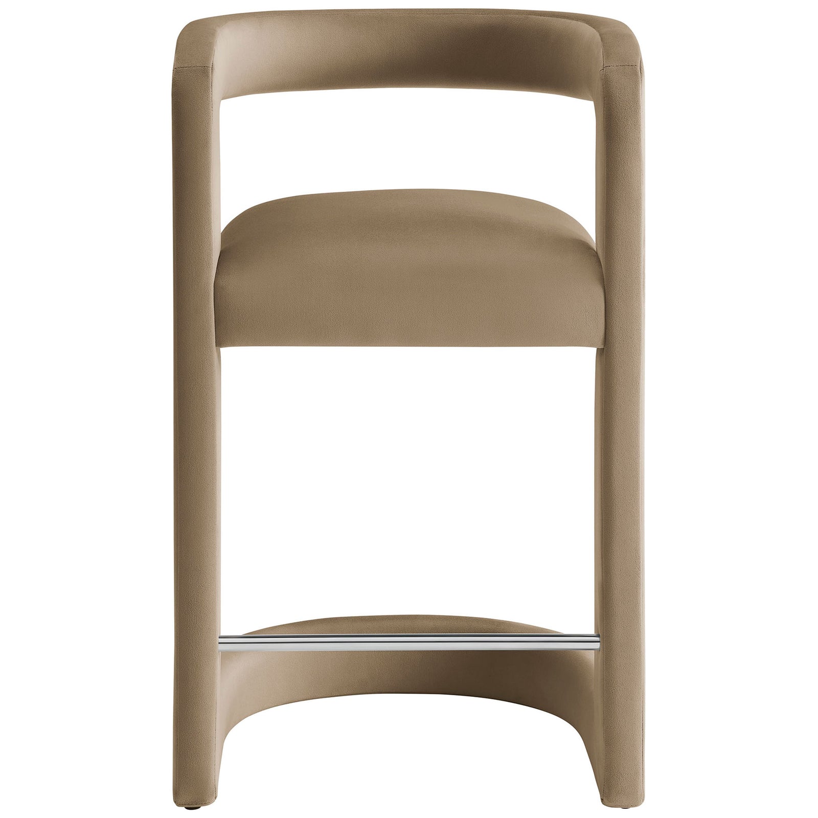 Taupe performance velvet counter stool with open barrel back and stainless steel footrest || EEI-7107-TAU || front_studio