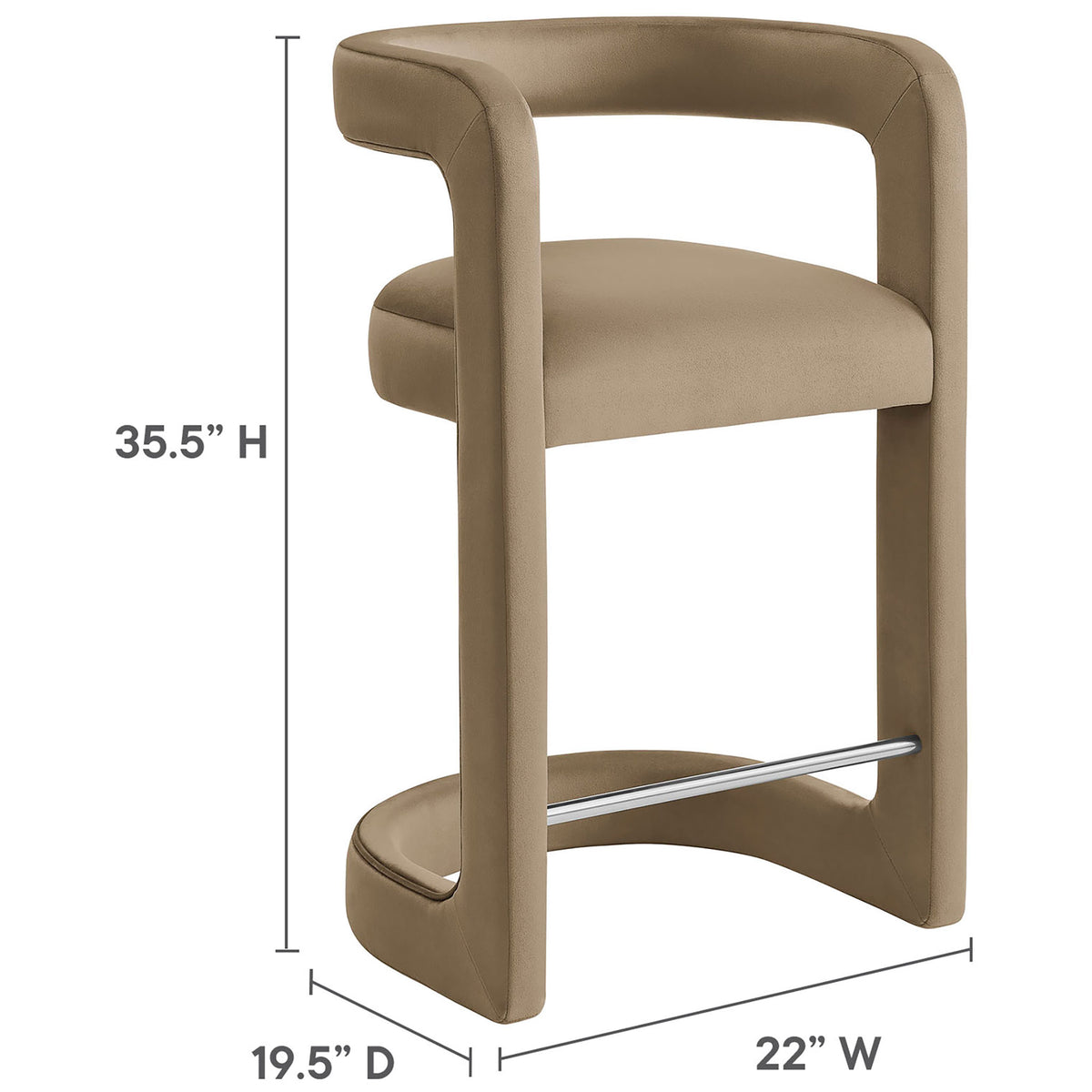 Dimensions displayed for the counter stool: 35.5 in H, 22 in W, 19.5 in D || EEI-7107-TAU || dimension_studio
