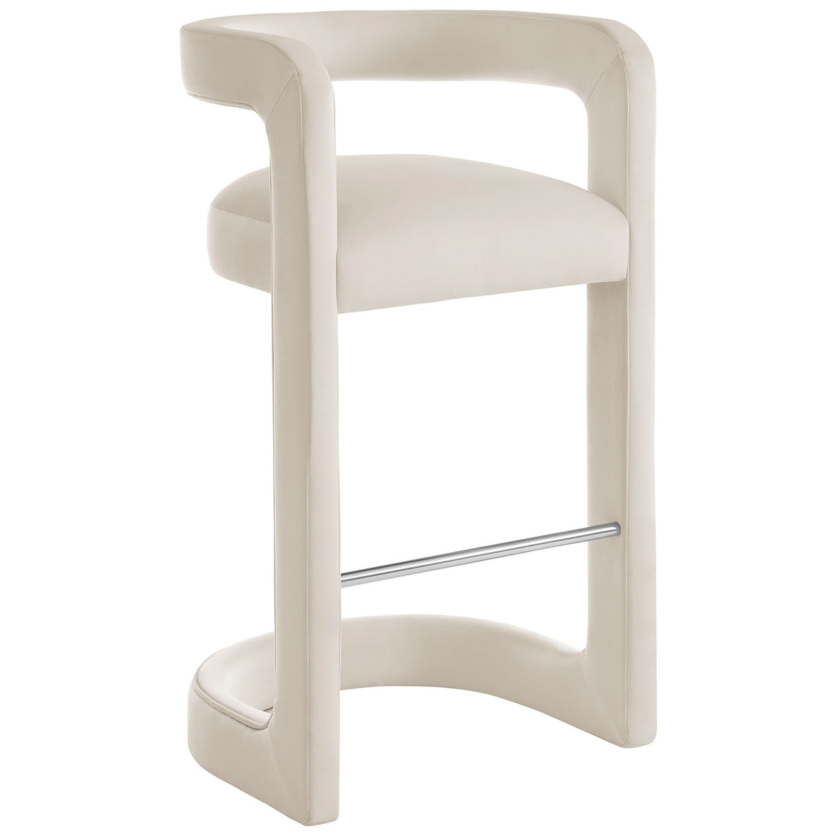 Curved barrel-back bar stool in alabaster velvet with stainless steel footrest || EEI-7108-ALA || front_angle_studio