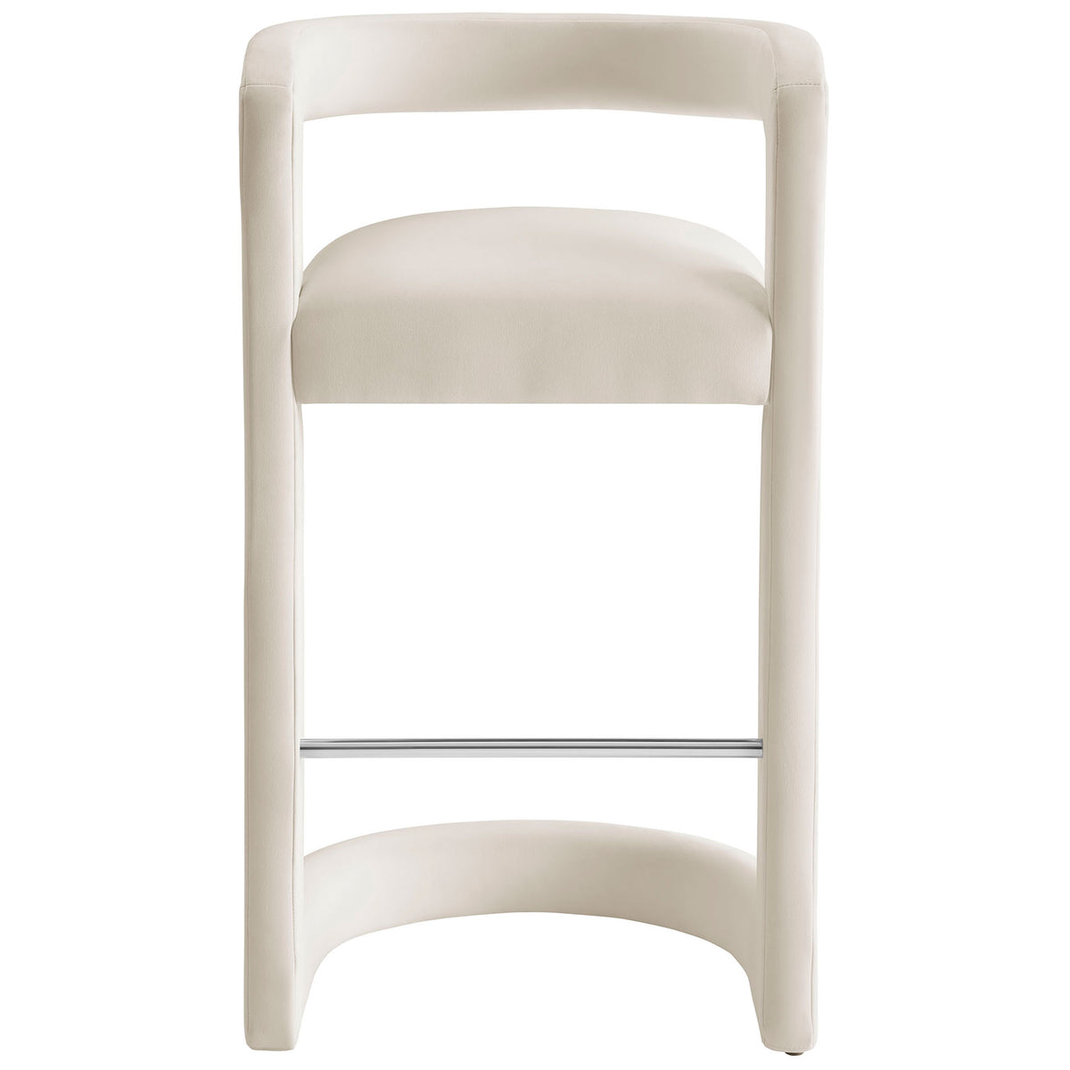 Modern bar stool with plush seat and arched base, upholstered in alabaster performance velvet || EEI-7108-ALA || front_studio