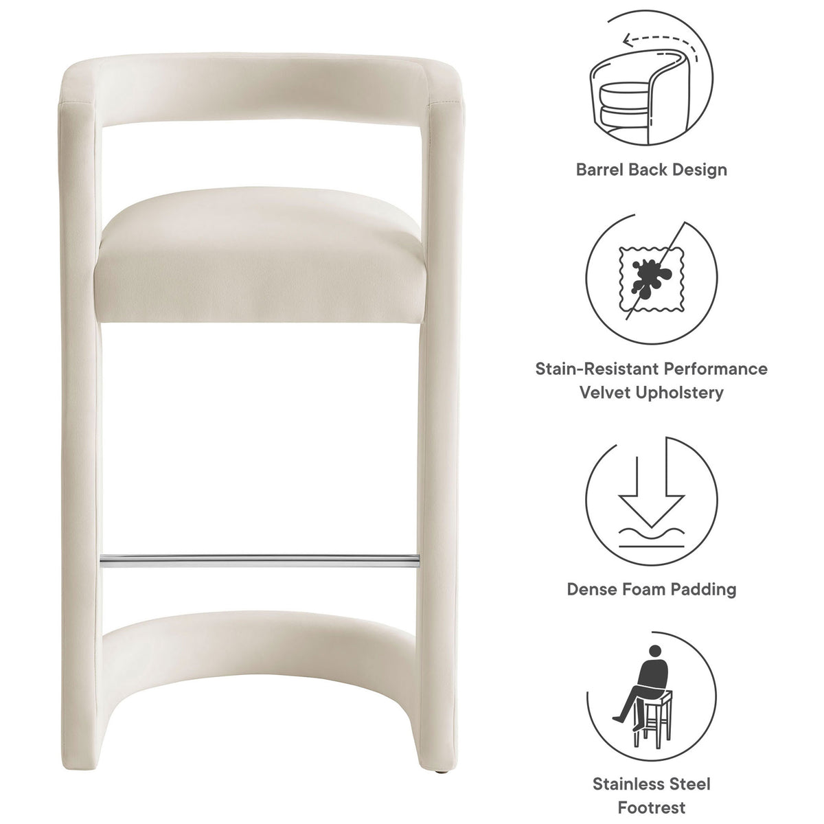 Feature highlights: barrel back, stain-resistant velvet, dense foam, stainless steel footrest || EEI-7108-ALA || callout_studio