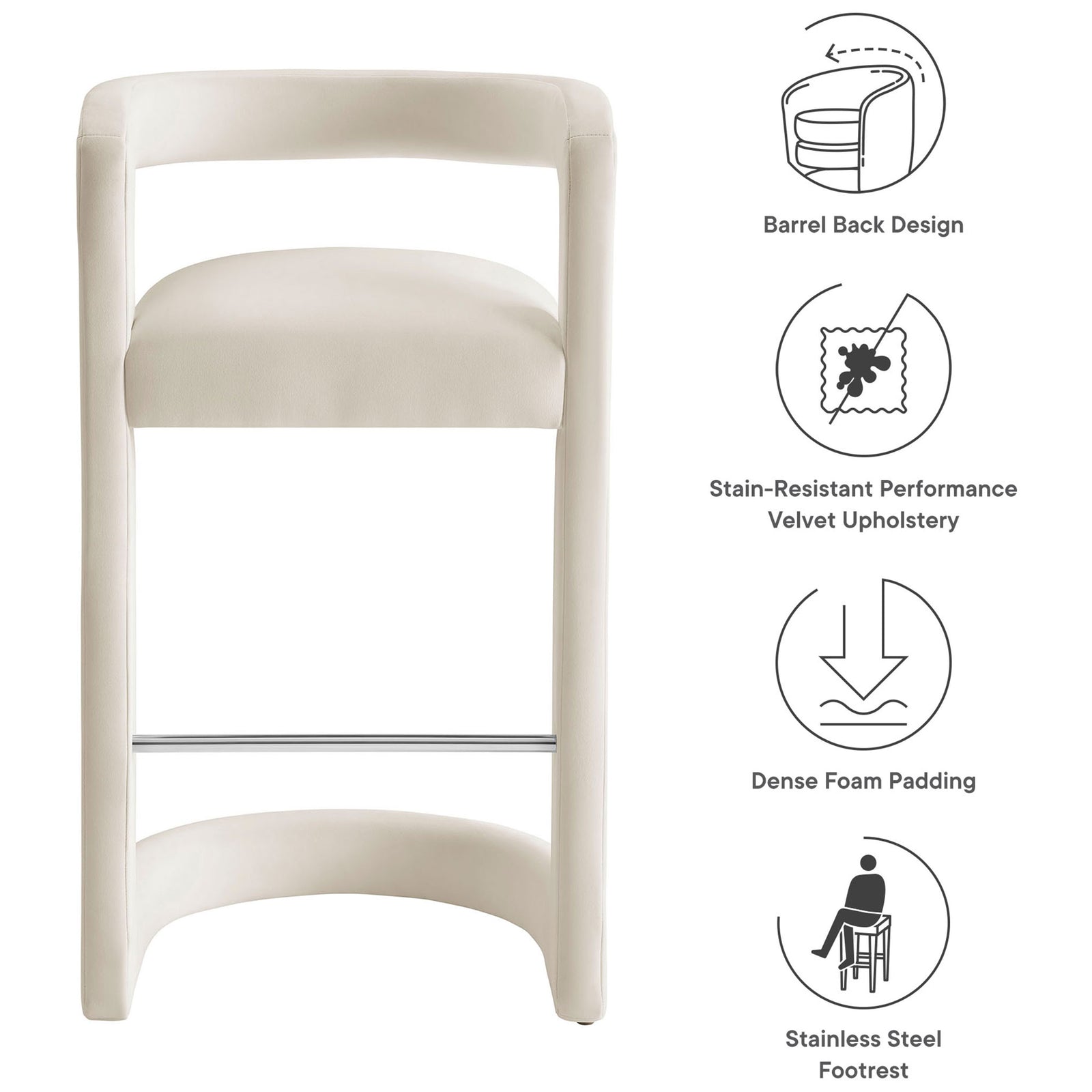 Feature highlights: barrel back, stain-resistant velvet, dense foam, stainless steel footrest || EEI-7108-ALA || callout_studio