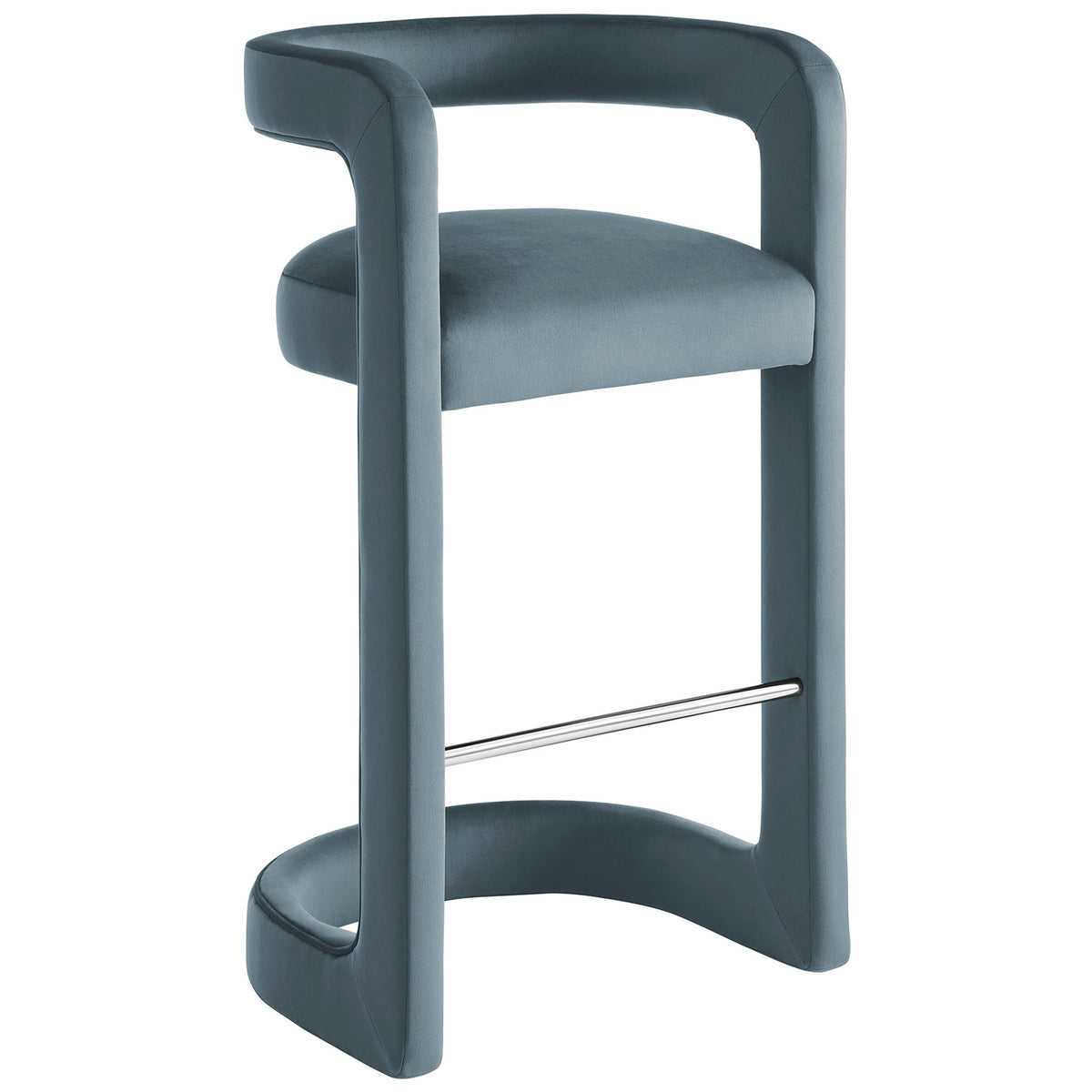 Graceful curved bar stool in performance velvet with open back and sleek metal footrest || EEI-7108-CAB || front_angle_studio