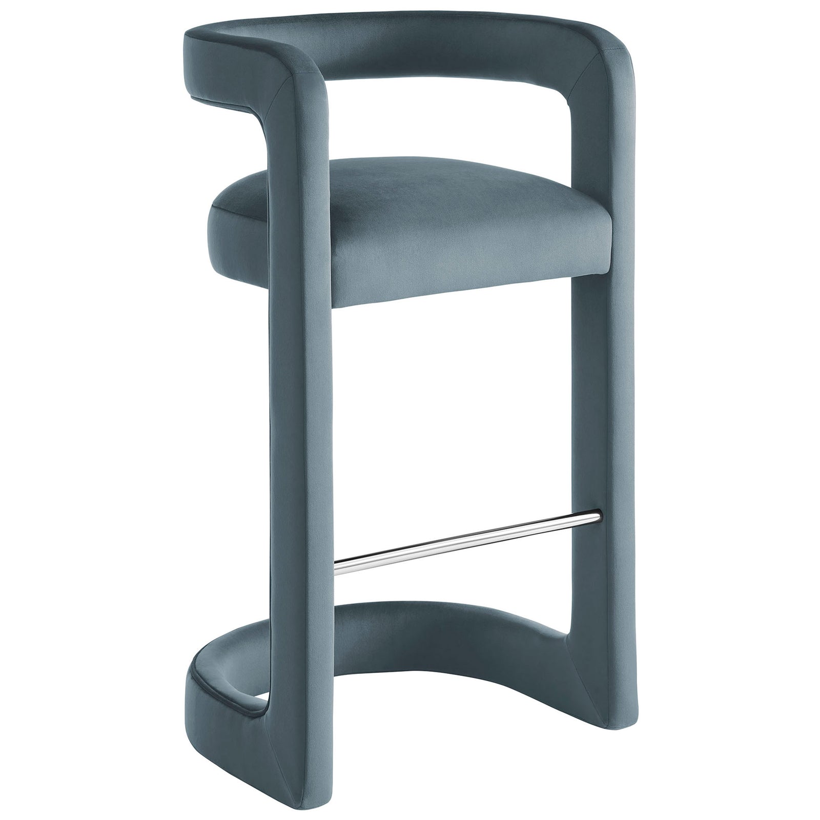 Graceful curved bar stool in performance velvet with open back and sleek metal footrest || EEI-7108-CAB || front_angle_studio