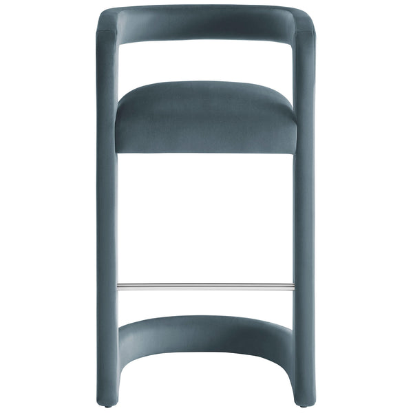 Cadet blue velvet bar stool with barrel back and curved base, paired with a stainless footrest || EEI-7108-CAB || front_studio