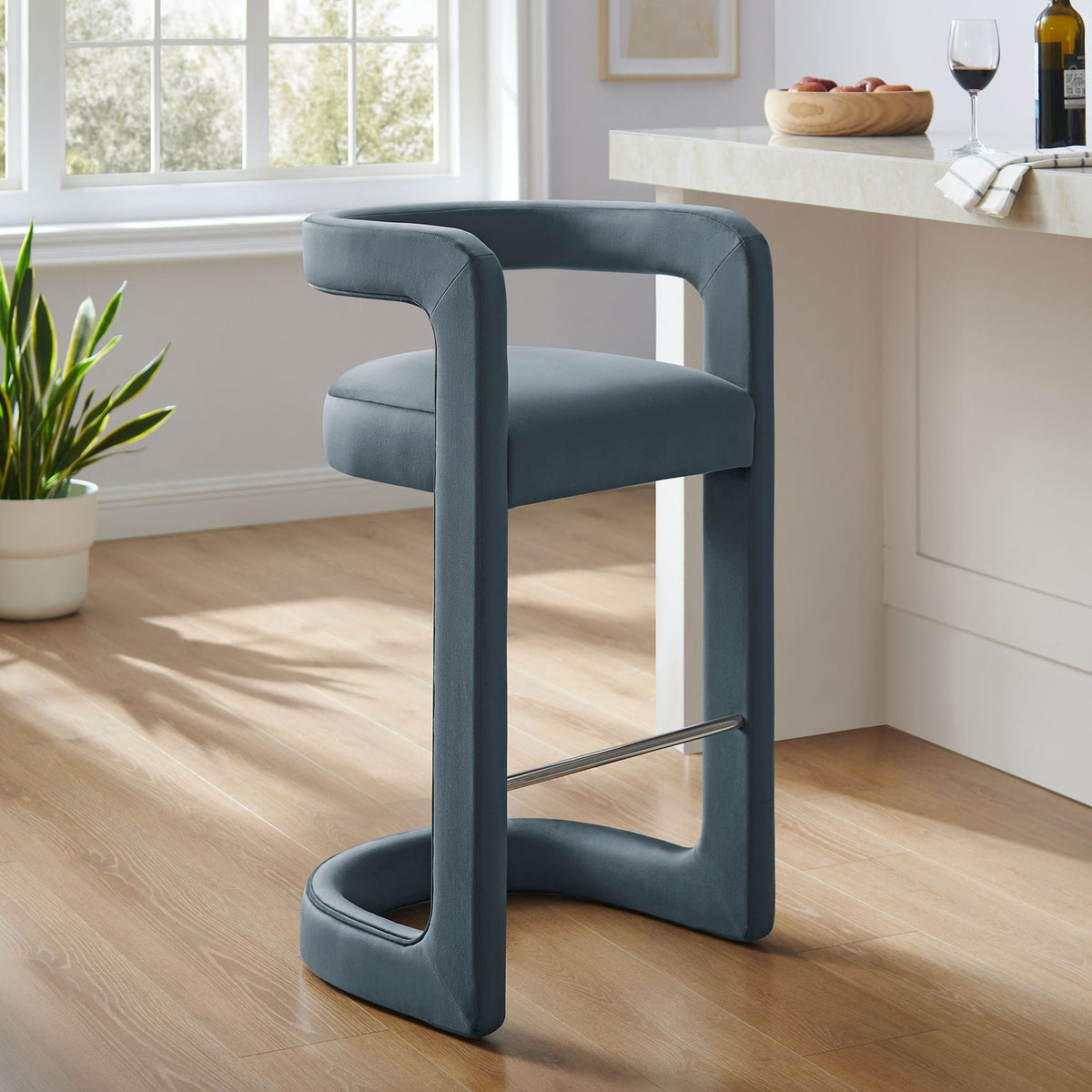 Velvet bar stool accentuates the kitchen with modern curves and cadet blue color || EEI-7108-CAB || front_angle_room