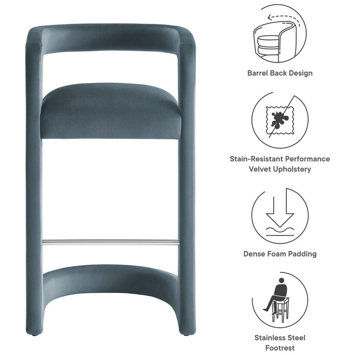 Highlights: barrel back, stain-resistant velvet, dense foam, stainless steel footrest || EEI-7108-CAB || callout_studio