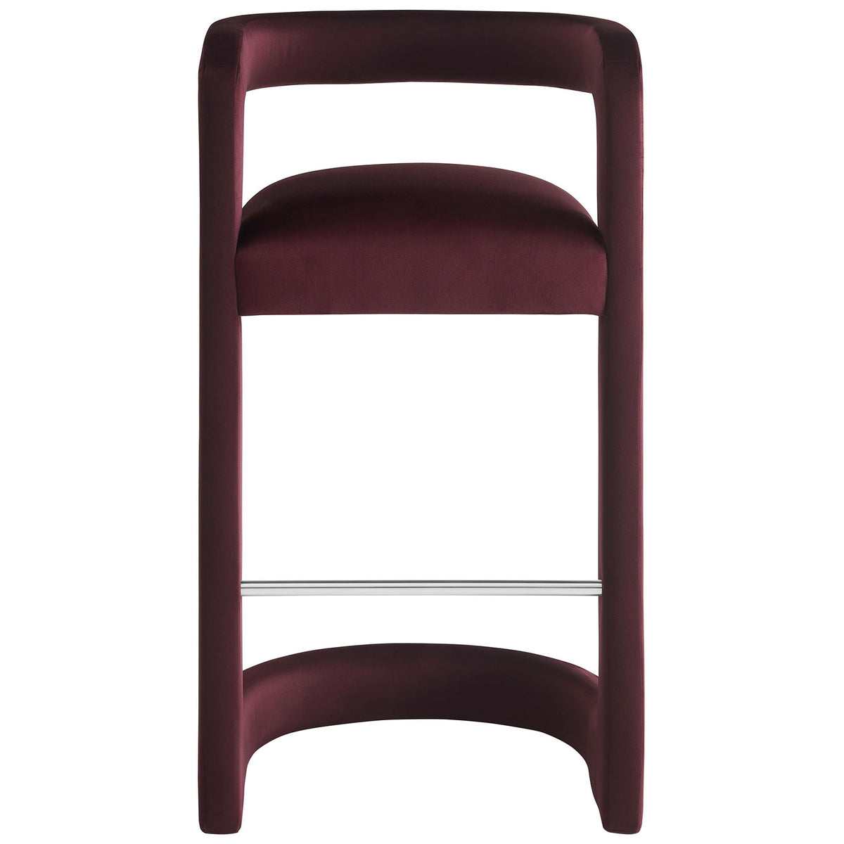 Mulberry velvet bar stool with open barrel back and stainless steel footrest delivers modern poise. || EEI-7108-MUL || front_studio