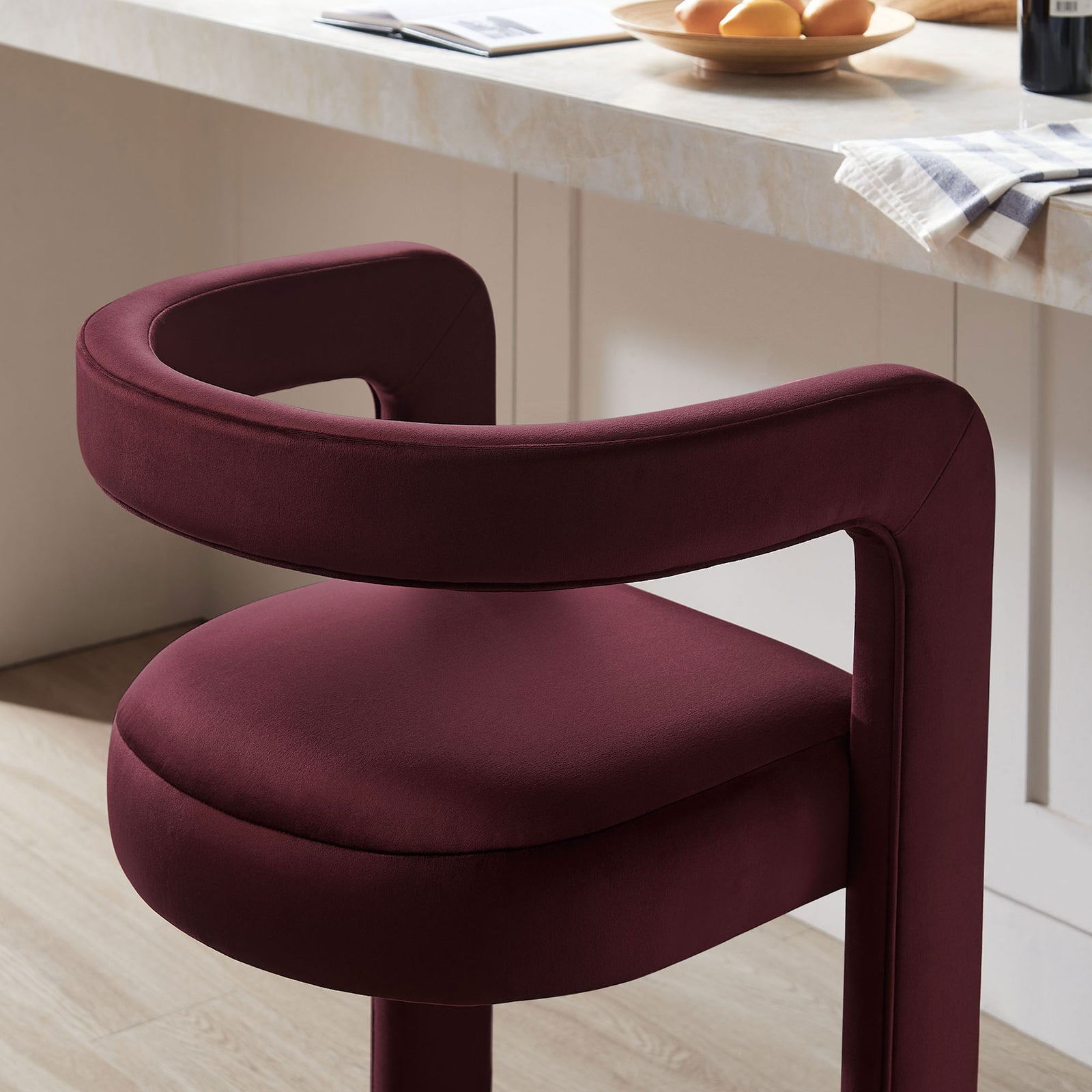Plush velvet seat and rounded arms add cozy texture and style to bar-side gatherings. || EEI-7108-MUL || detail_room