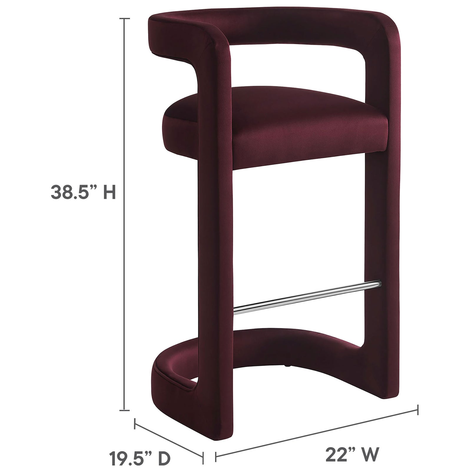 Tall bar-height seating with a supportive mid-back and smooth, tailored velvet upholstery. || EEI-7108-MUL || dimension_studio