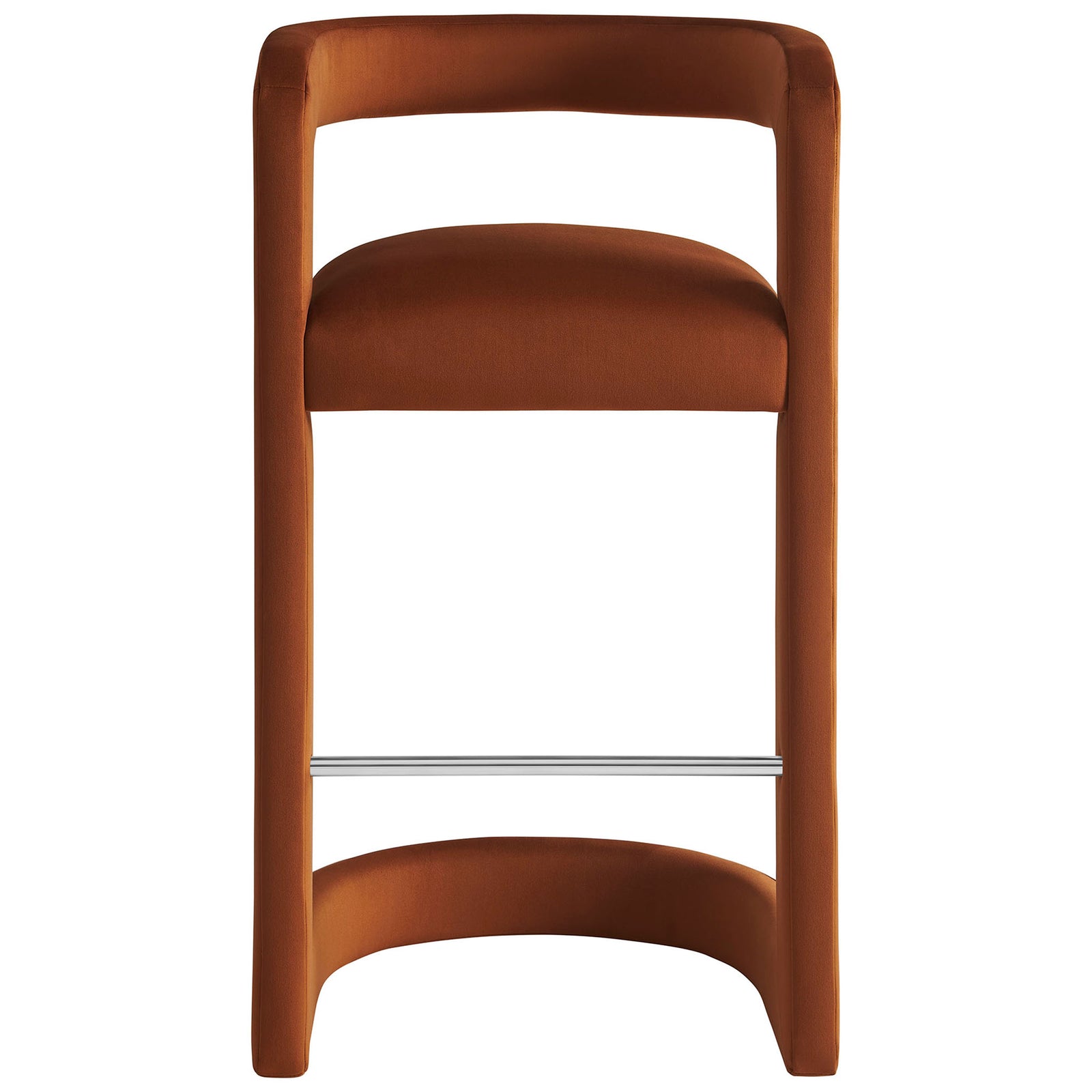 Rust velvet bar stool with open barrel back and stainless steel footrest || EEI-7108-RUS || front_studio