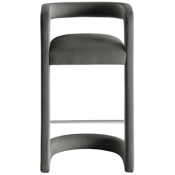 Storm gray velvet bar stool with open barrel back and stainless steel footrest || EEI-7108-STG || front_studio