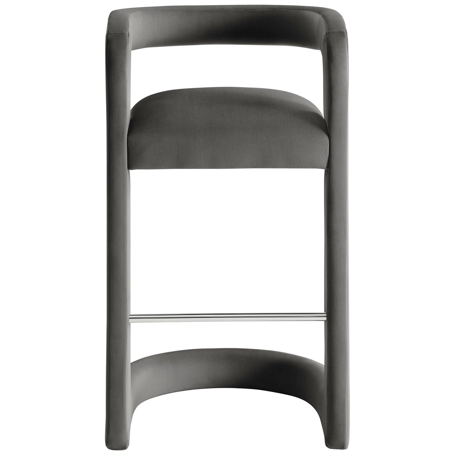 Storm gray velvet bar stool with open barrel back and stainless steel footrest || EEI-7108-STG || front_studio