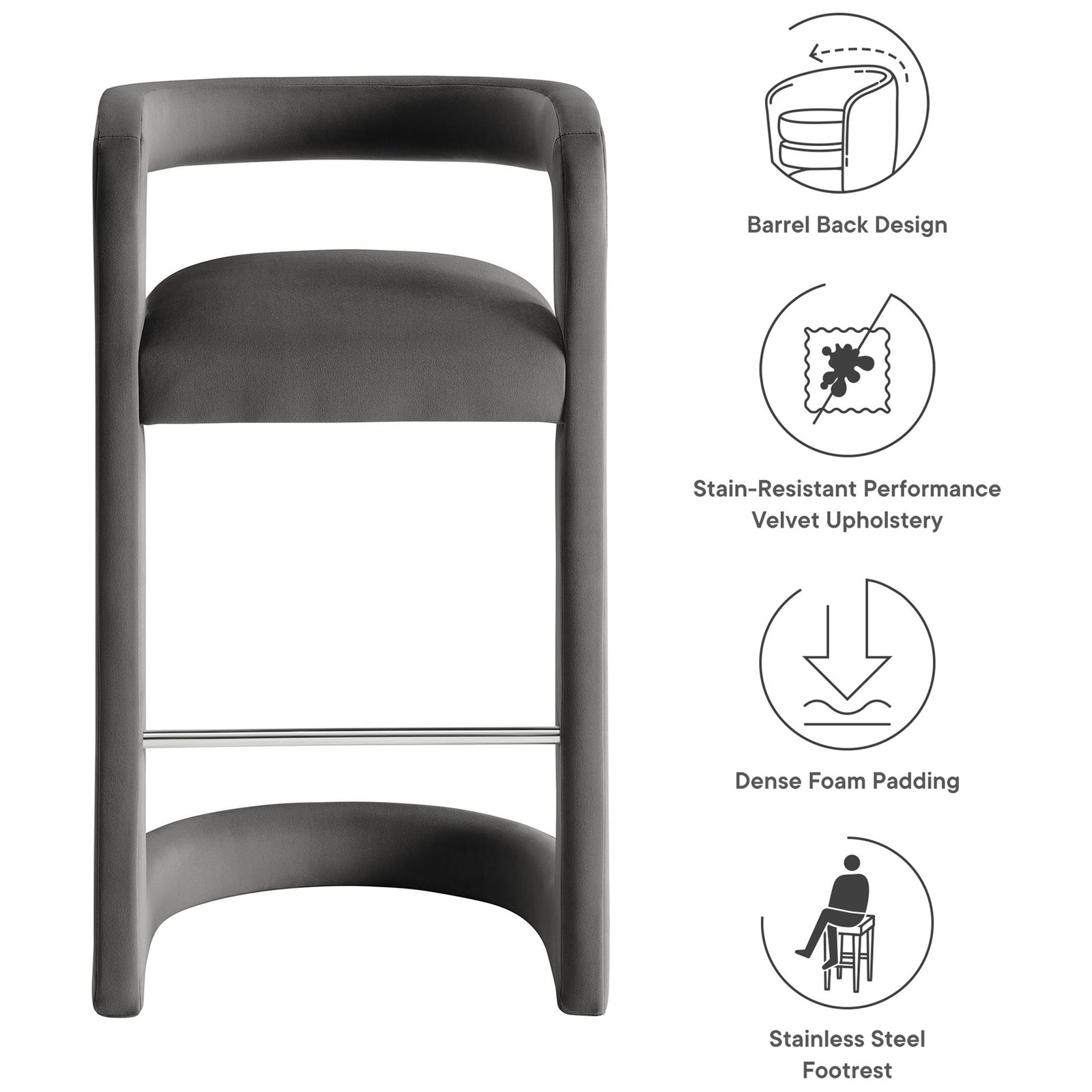 Highlights: barrel back, stain-resistant velvet upholstery, dense foam, stainless footrest || EEI-7108-STG || callout_studio