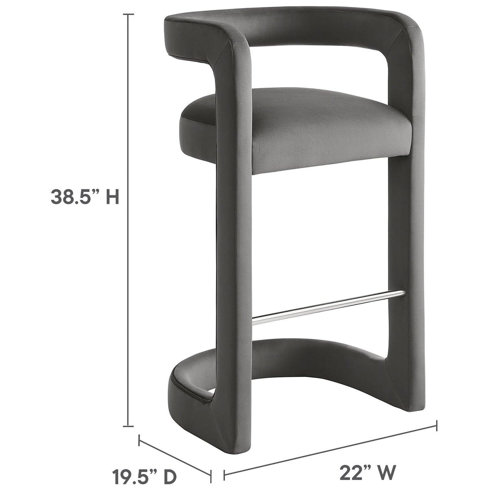 Dimensions: 38.5 H x 22 W x 19.5 D inches; storm gray velvet bar stool || EEI-7108-STG || dimension_studio