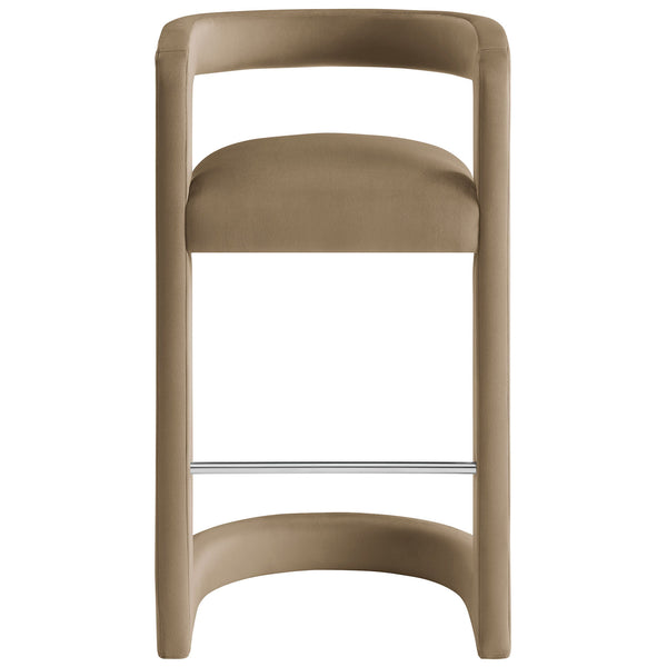 Taupe performance velvet bar stool with open barrel back and stainless steel footrest || EEI-7108-TAU || front_studio