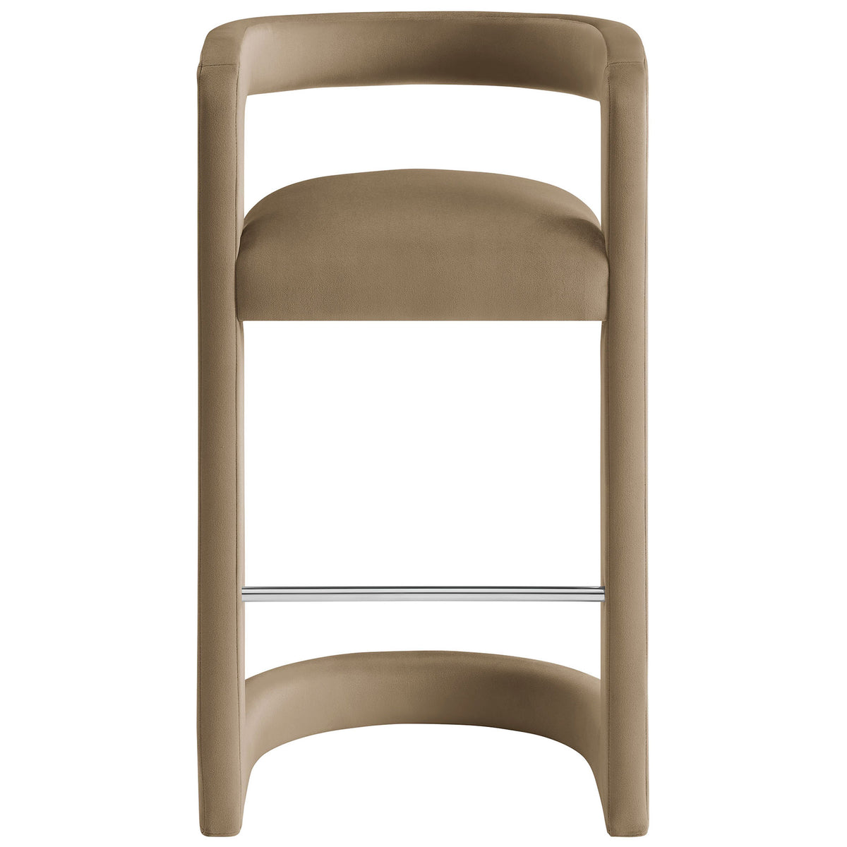 Taupe performance velvet bar stool with open barrel back and stainless steel footrest || EEI-7108-TAU || front_studio