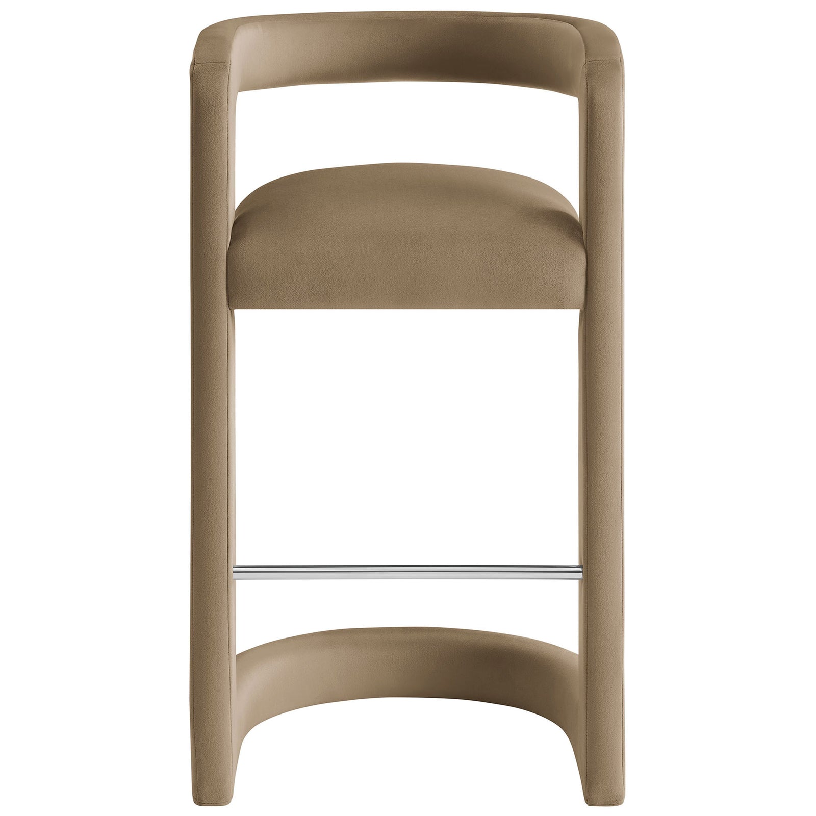 Taupe performance velvet bar stool with open barrel back and stainless steel footrest || EEI-7108-TAU || front_studio