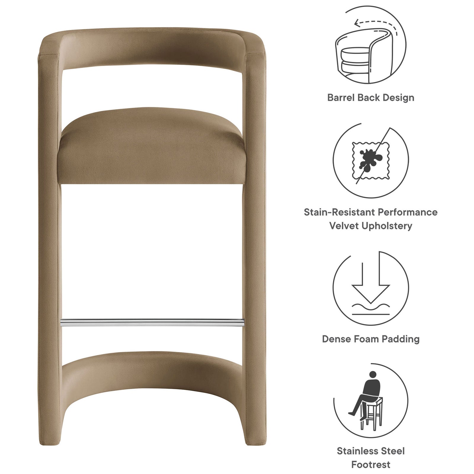 Feature callouts: barrel back, stain-resistant velvet, dense foam, and steel footrest || EEI-7108-TAU || callout_studio