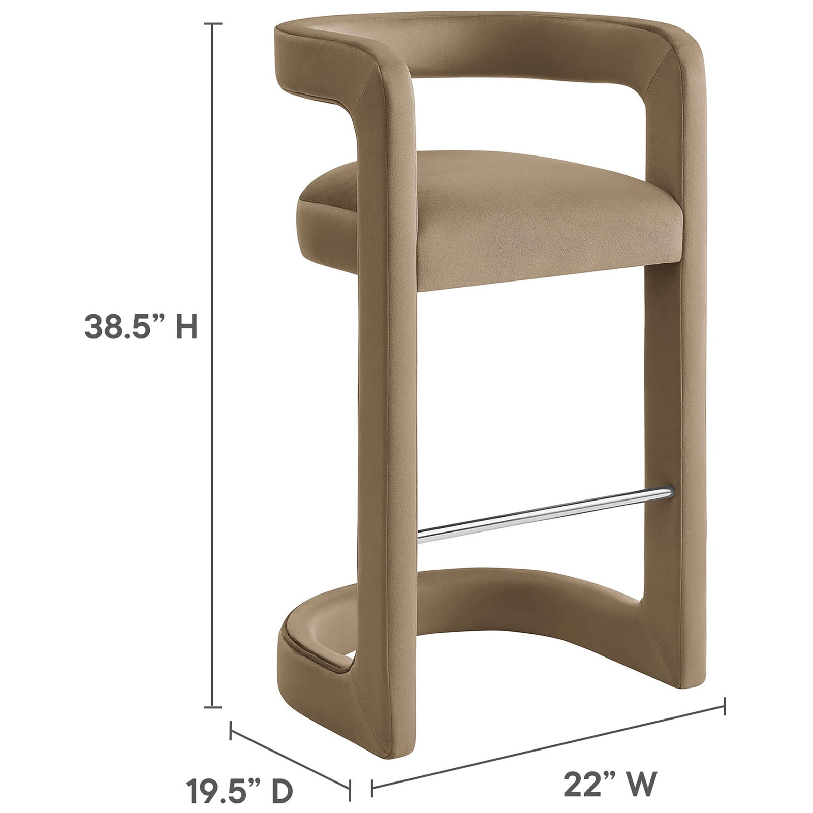 Dimensions displayed for the bar stool: 38.5 in H, 22 in W, 19.5 in D || EEI-7108-TAU || dimension_studio