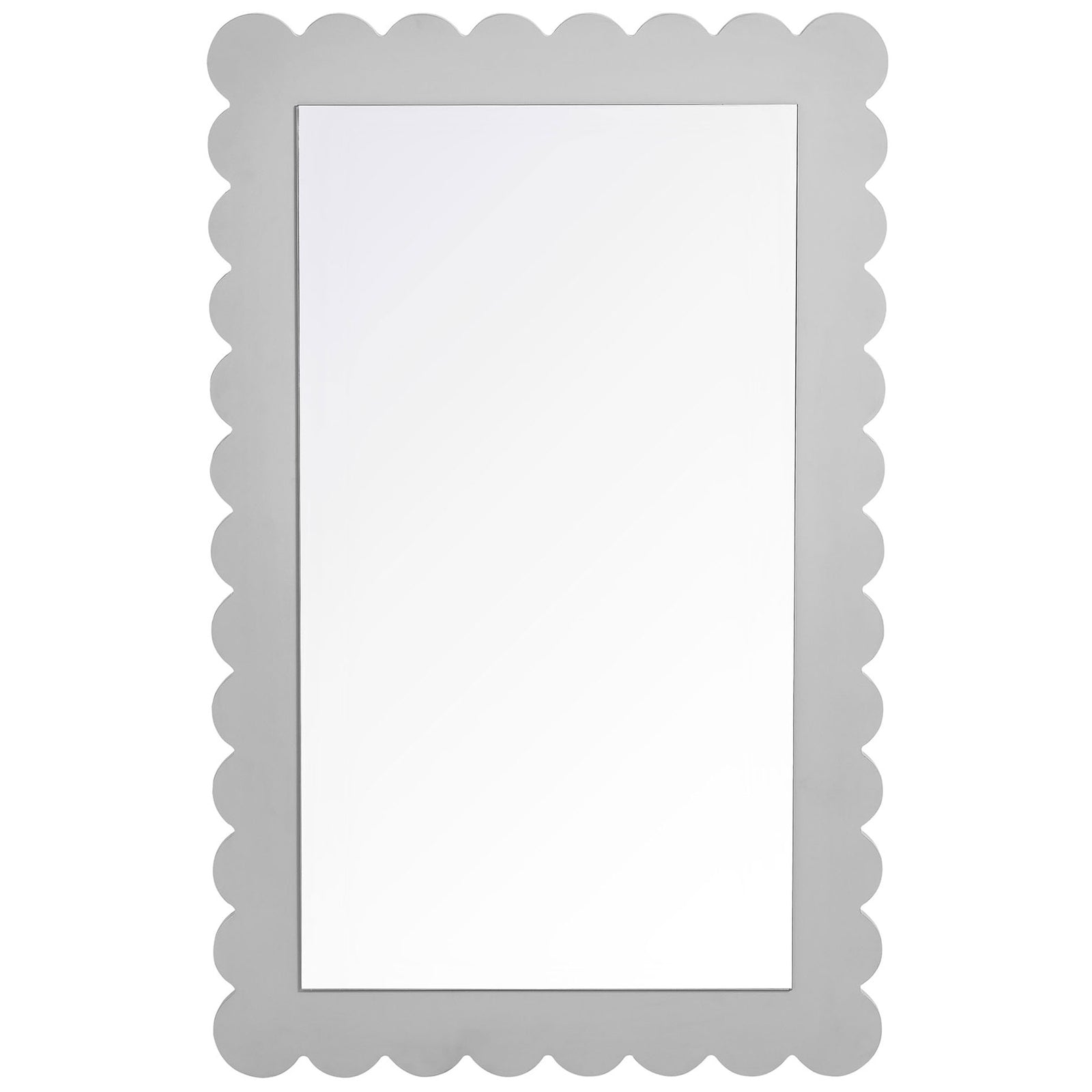 Light gray scalloped wall mirror in a clean, vertical rectangular silhouette || EEI-7116-LGR || front_studio