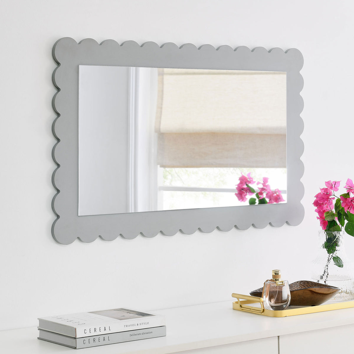 Light gray scalloped mirror hung horizontally for a fresh, modern wall statement || EEI-7116-LGR || front_angle_room