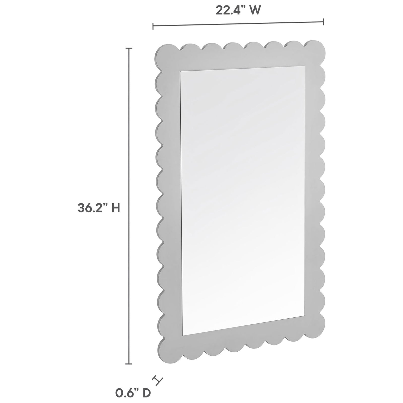 Size guide showing overall dimensions of the light gray Emmeline scalloped wall mirror || EEI-7116-LGR || dimension_studio